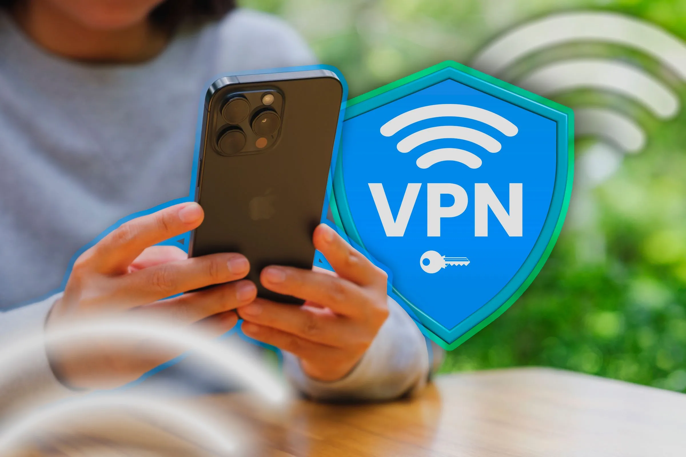 Người dùng đang thao tác trên iPhone với biểu tượng khiên VPN bên cạnh, minh họa cách mạng riêng ảo bảo vệ kết nối internet trên thiết bị di động.