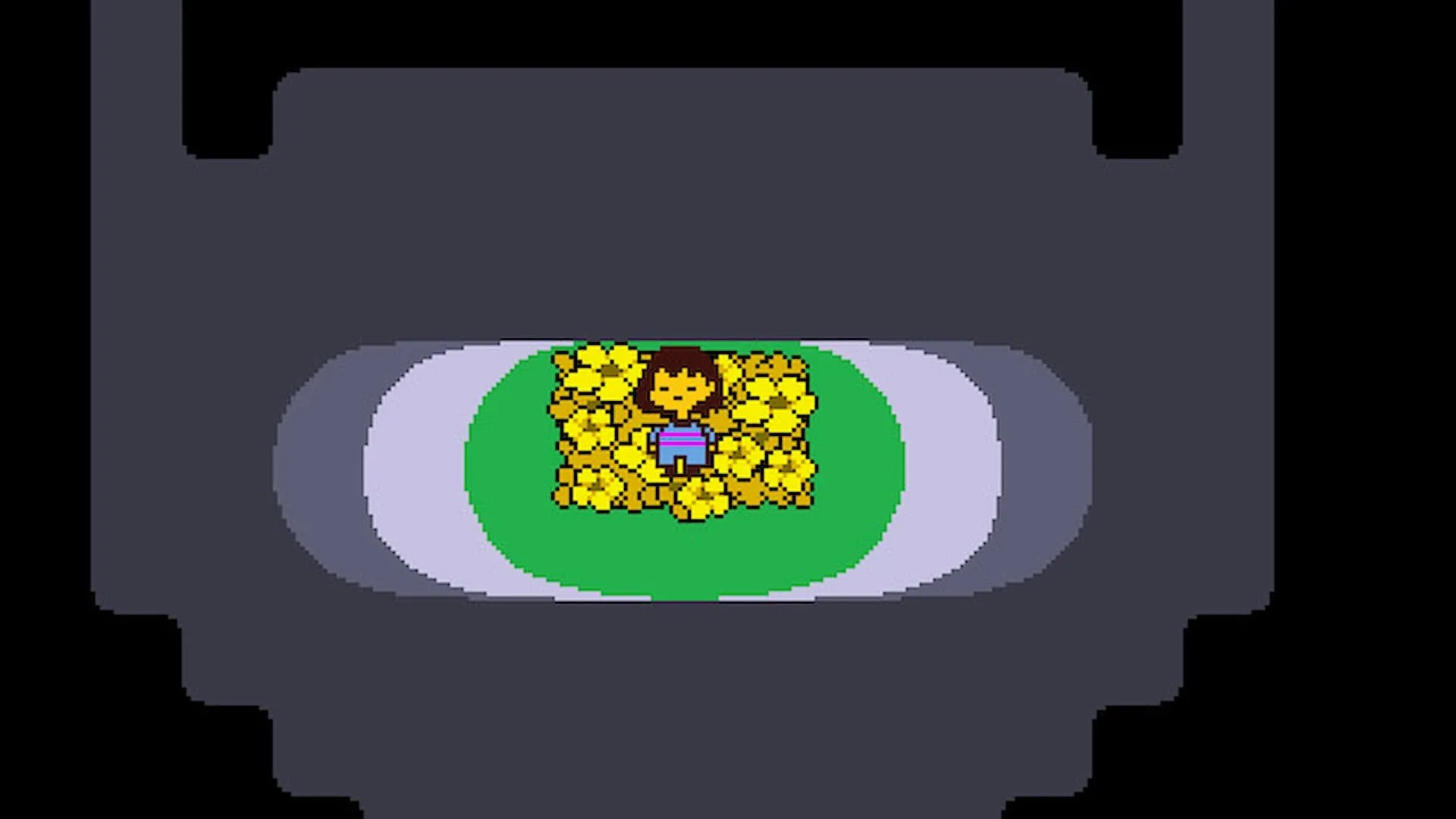 Nhân vật chính Frisk trong game Undertale ngồi giữa những bông hoa vàng rực