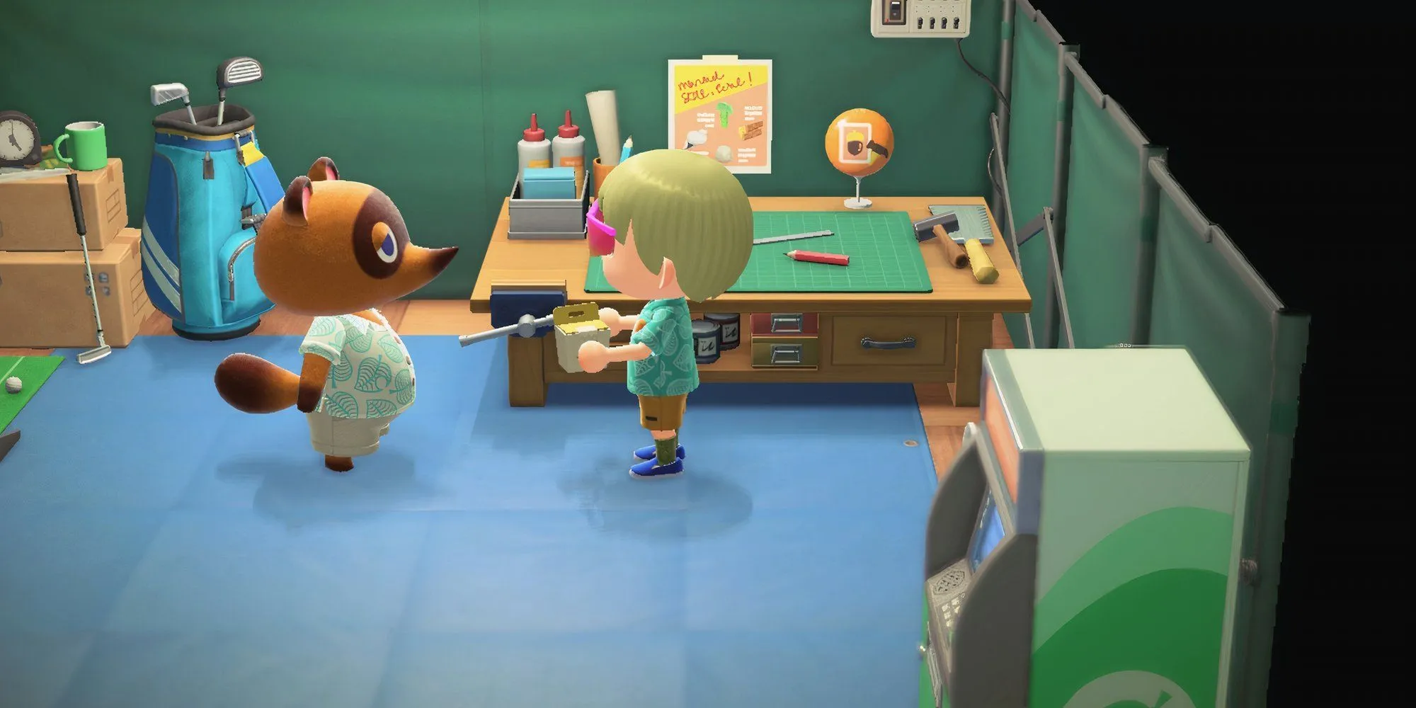 Nhân vật đang trò chuyện với Tom Nook, chú gấu mèo quan trọng trong Animal Crossing: New Horizons, tại quầy dịch vụ cộng đồng.