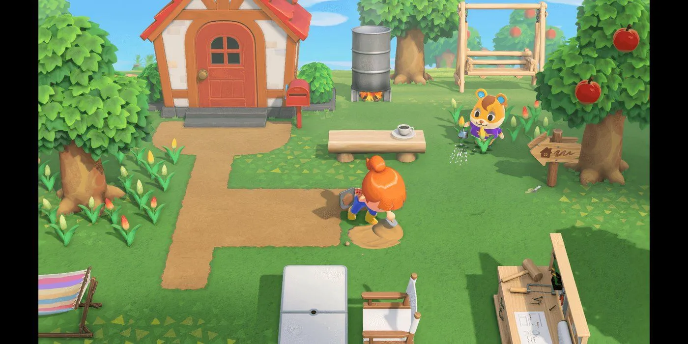 Nhân vật đang trồng cây trên đảo của mình trong Animal Crossing: New Horizons, minh họa hoạt động làm vườn.