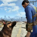 Nhân vật Nate cùng chú chó Dogmeat đi trên con đường đổ nát của vùng đất hoang Fallout 4, minh họa chuyến đi dài trong game được làm phong phú hơn nhờ đài phát thanh.