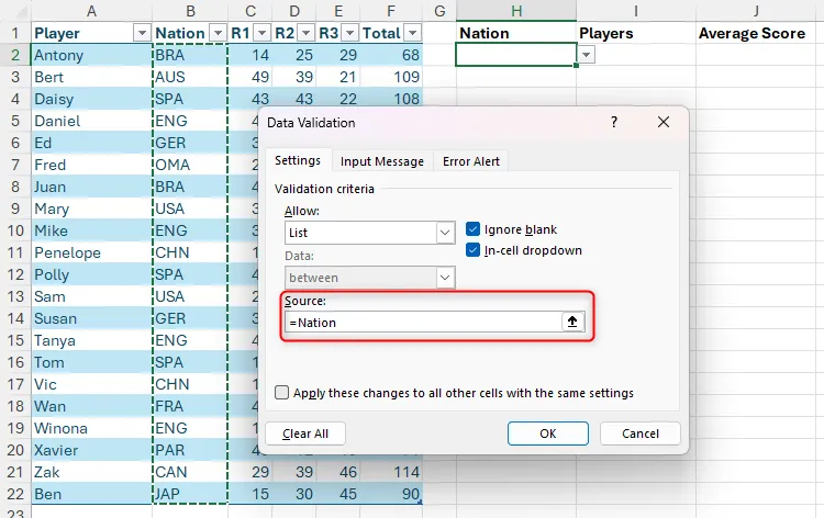 Nhập tên vùng dữ liệu đã đặt vào trường Source của Data Validation trong Excel.