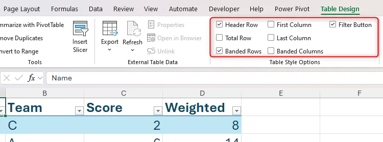 Nhóm tùy chọn kiểu bảng trong tab Table Design của Excel, cho phép tùy chỉnh định dạng bảng.