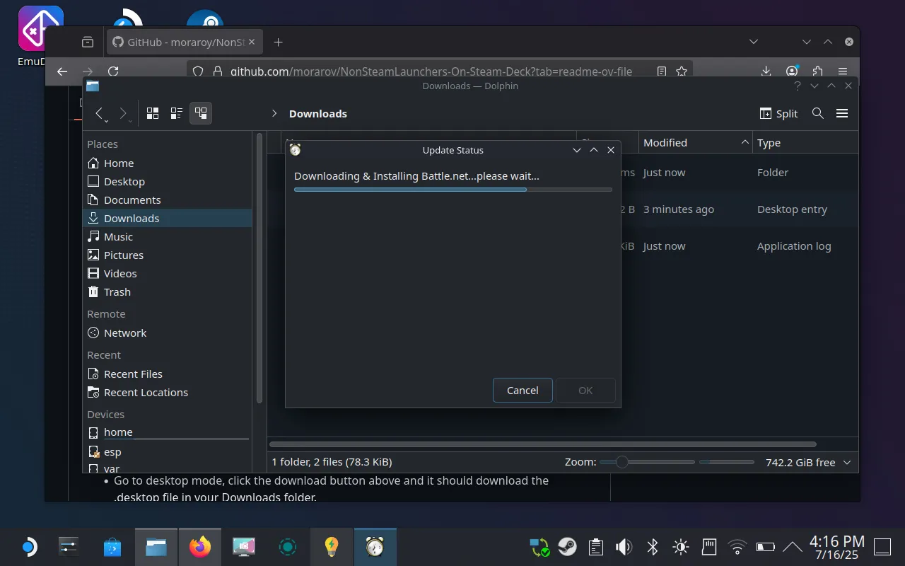 NonSteamLauncher đang tiến hành tải xuống Battle.net, hiển thị tiến trình cài đặt các ứng dụng cần thiết trên Steam Deck