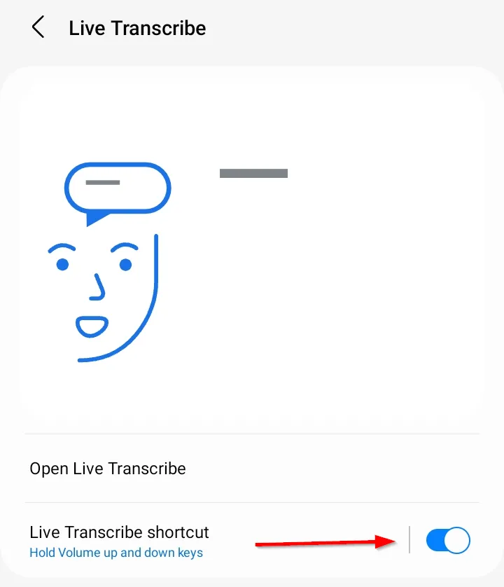 Nút bật/tắt 'Phím tắt Live Transcribe' trong cài đặt để kích hoạt truy cập nhanh.