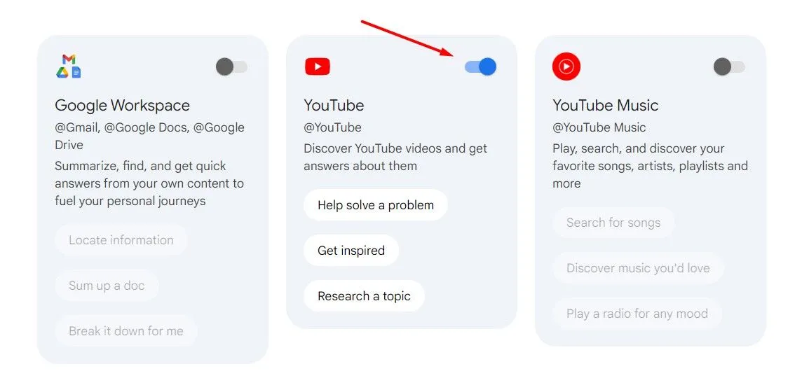 Nút bật/tắt tiện ích YouTube trong phần mở rộng của Gemini, tối ưu trải nghiệm xem video.