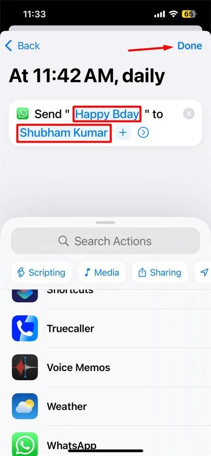 Nút Done để hoàn tất việc thiết lập tự động hóa gửi tin nhắn WhatsApp theo lịch trình.