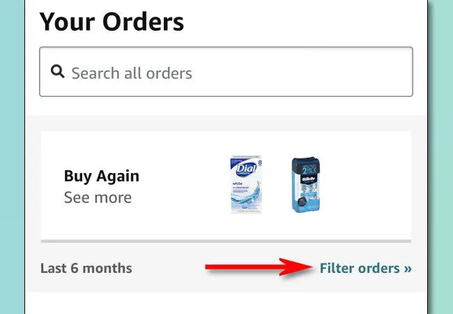 Nút &quot;Filter Orders&quot; trong ứng dụng Amazon, dùng để lọc danh sách đơn hàng.
