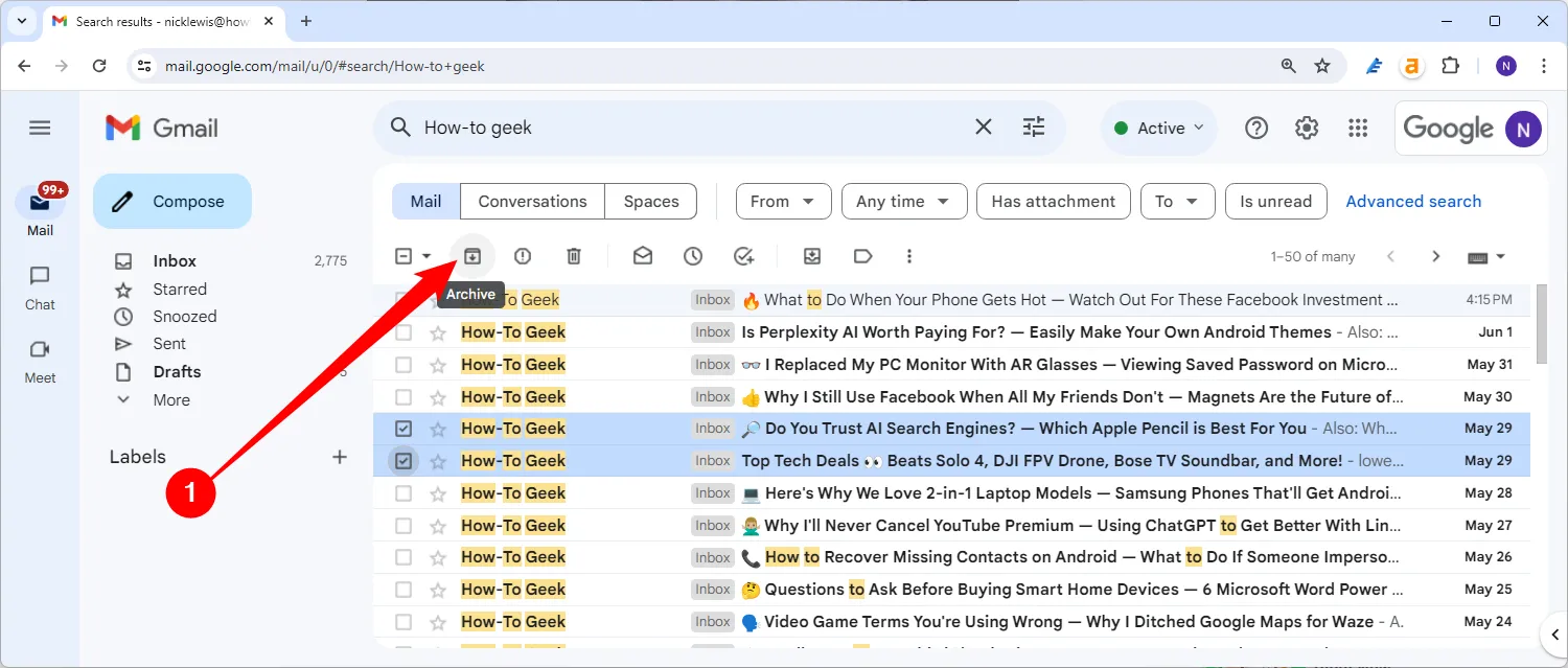 Nút lưu trữ (Archive) email trên Gmail web, hiển thị rõ sau khi chọn thư cần ẩn.