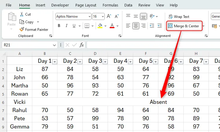 Ô dữ liệu trong Excel được trộn và căn giữa, minh họa lỗi định dạng phổ biến.