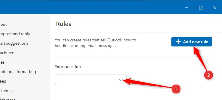 Phần Quy tắc trong cài đặt Outlook mới, hiển thị tùy chọn &quot;Thêm Quy tắc Mới&quot; để tạo quy tắc email tùy chỉnh.
