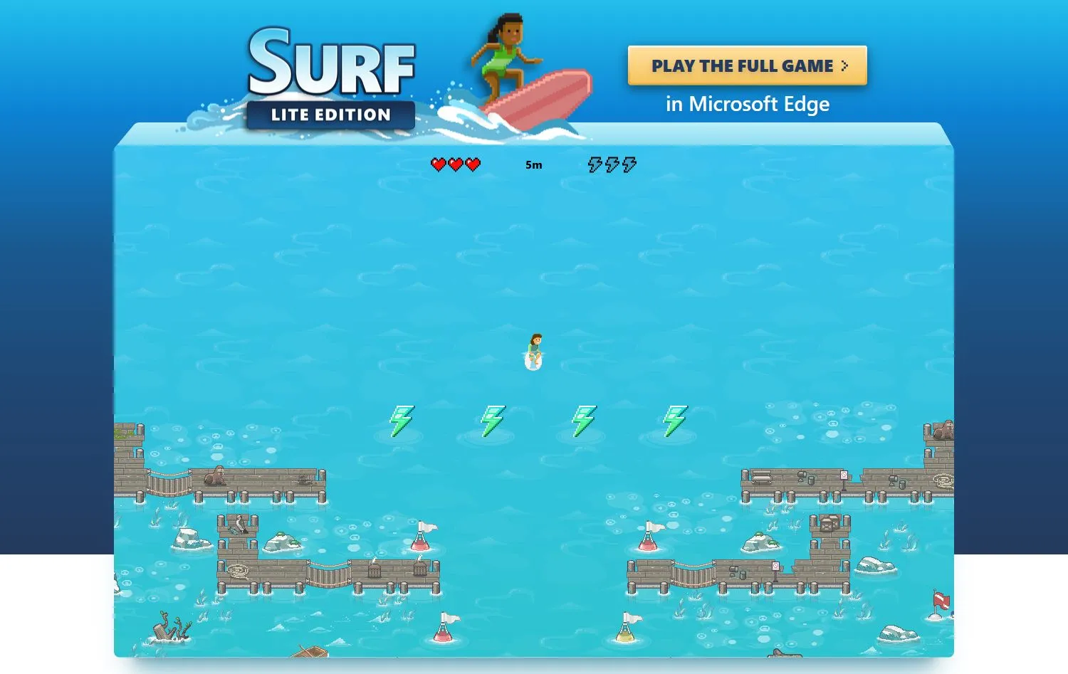 Phiên bản 'Surf Lite Edition' của trò chơi Edge Surf, hiển thị giao diện chơi game đơn giản hơn có thể truy cập trực tuyến.