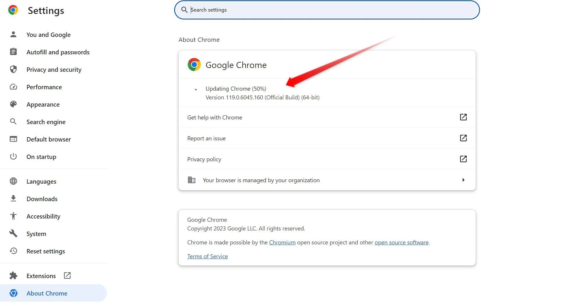 Quá trình cập nhật Google Chrome đang diễn ra để sửa lỗi không tải được ảnh