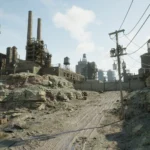RoboCop đứng giữa khu ổ chuột đổ nát của thành phố Detroit trong game RoboCop: Rogue City, thể hiện rõ không khí u ám.