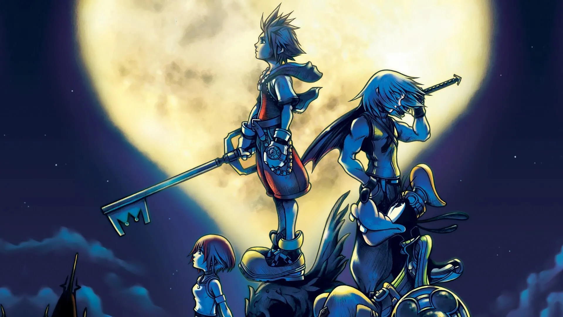 Sora, Riku, Kairi và Goofy như xuất hiện trên bìa nghệ thuật gốc của Kingdom Hearts, biểu tượng cho sự kết hợp độc đáo giữa thế giới Disney và Final Fantasy trong cốt truyện phức tạp của game.