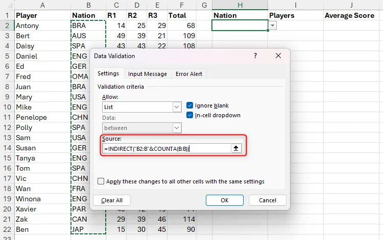 Sử dụng kết hợp hàm INDIRECT và COUNTA trong trường Source của hộp thoại Data Validation trong Excel để tạo nguồn dữ liệu động.