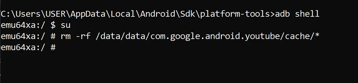 Sử dụng lệnh ADB trong terminal để xóa bộ nhớ đệm (cache) của ứng dụng YouTube trên thiết bị Android, giải phóng dung lượng và tối ưu hiệu suất.