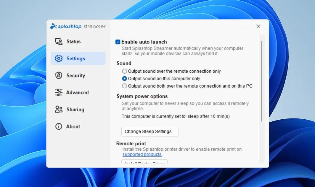 Tab &quot;Settings&quot; (Cài đặt) trong ứng dụng Splashtop Streamer trên máy tính Windows, nơi người dùng tùy chỉnh các thiết lập truy cập và hiệu suất điều khiển từ xa.