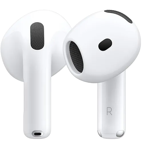 Tai nghe Apple AirPods 4 màu trắng cùng hộp sạc gọn gàng, thể hiện thiết kế hiện đại và sự tiện lợi, đồng thời có thẻ gắn dấu hiệu giảm giá, minh họa cho chương trình khuyến mãi tai nghe không dây của Apple.