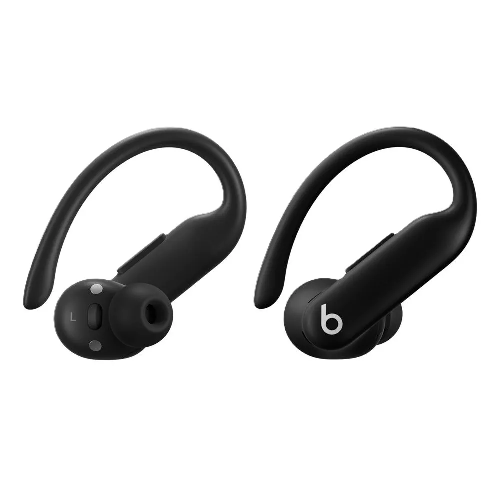 Tai nghe Beats PowerBeats Pro 2 màu đen với móc và hộp sạc, thiết kế thể thao chuyên biệt cho việc tập luyện và vận động.