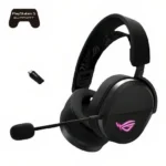 Tai nghe gaming ASUS ROG Pelta không dây với thiết kế màu đen nổi bật trên nền trắng, thể hiện sự đơn giản và tinh tế.
