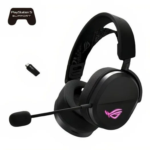 Tai nghe gaming ASUS ROG Pelta không dây với thiết kế màu đen nổi bật trên nền trắng, thể hiện sự đơn giản và tinh tế.