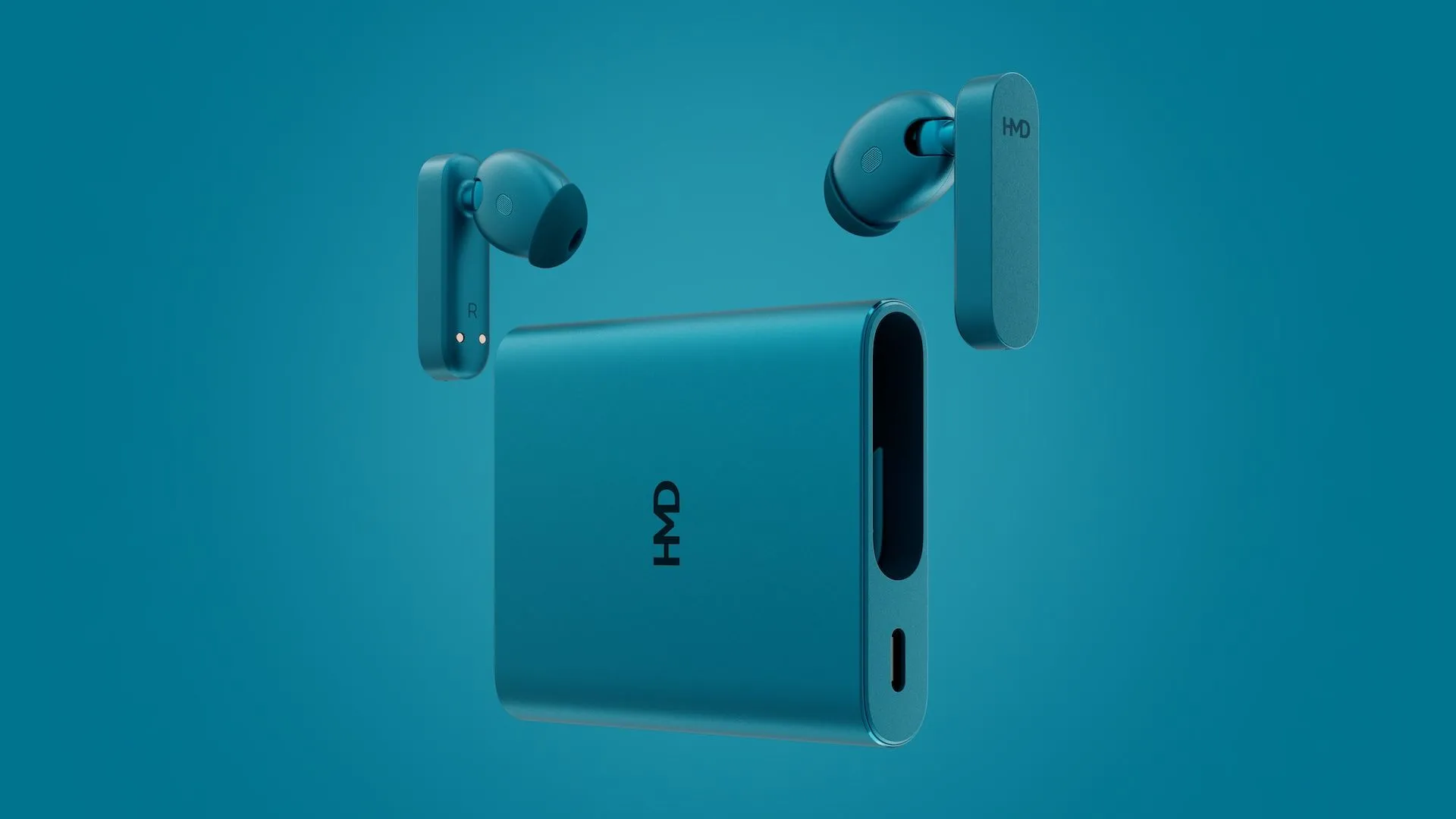 Tai nghe không dây HMD Amped Buds màu vàng, nổi bật với hộp sạc kiêm pin dự phòng từ tính, cung cấp thời lượng sử dụng dài.
