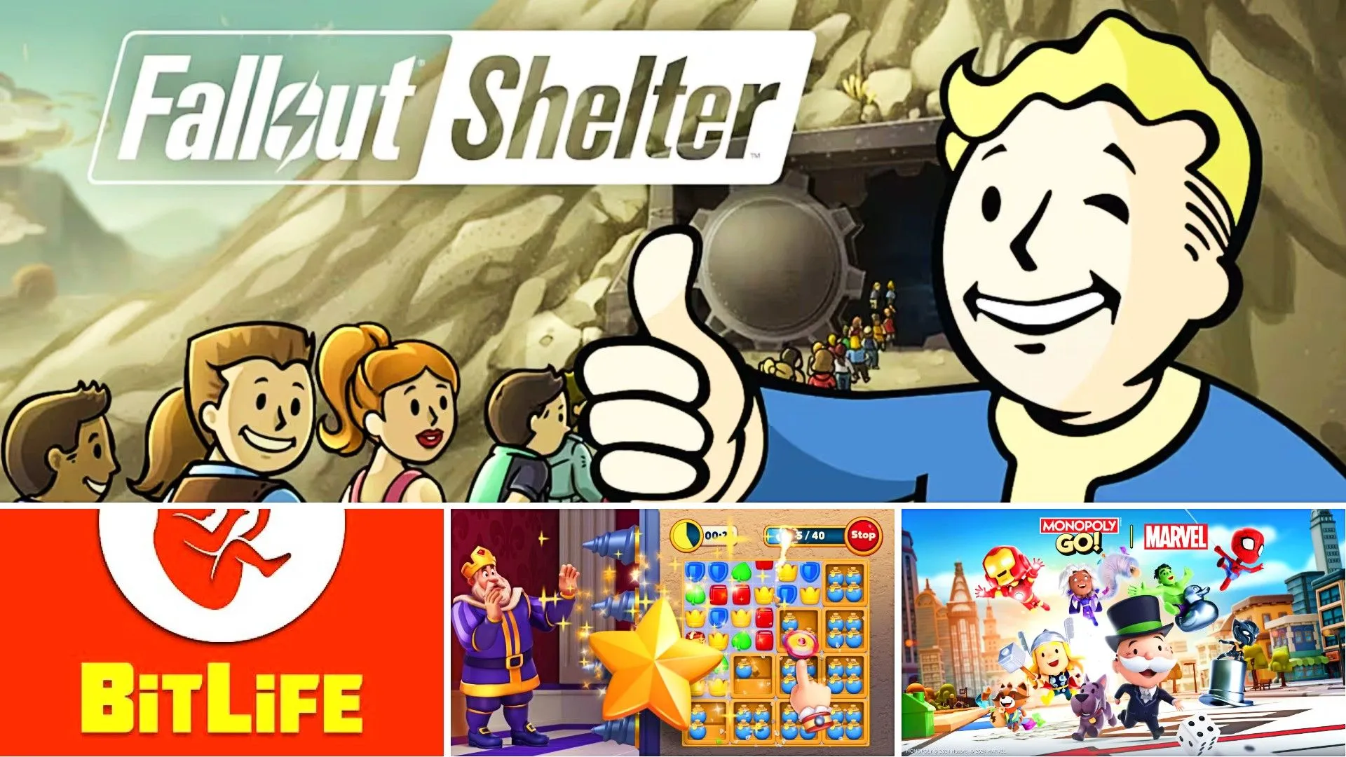 Tập hợp các hình ảnh từ game di động như Fallout Shelter, Bitlife, Royal Match và Monopoly GO, minh họa sự phổ biến của microtransaction.