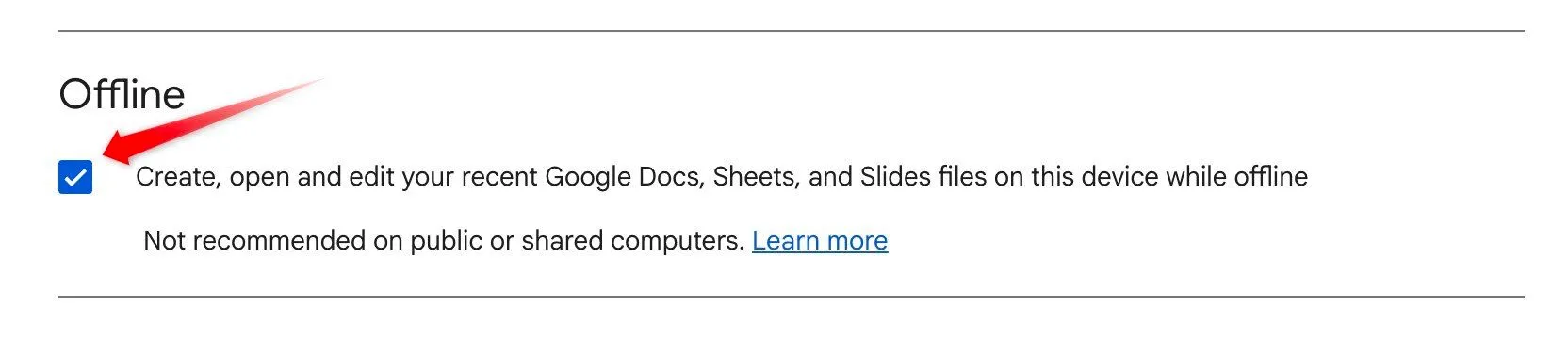 Tắt chế độ truy cập ngoại tuyến cho tệp Google Docs, Sheets, Slides trong cài đặt Google Drive giúp giảm bộ nhớ sử dụng trên Chromebook.
