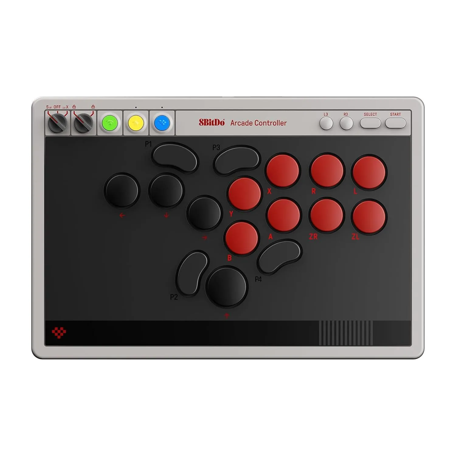 Tay cầm chơi game arcade 8BitDo hiển thị các nút điều khiển và thiết kế siêu mỏng