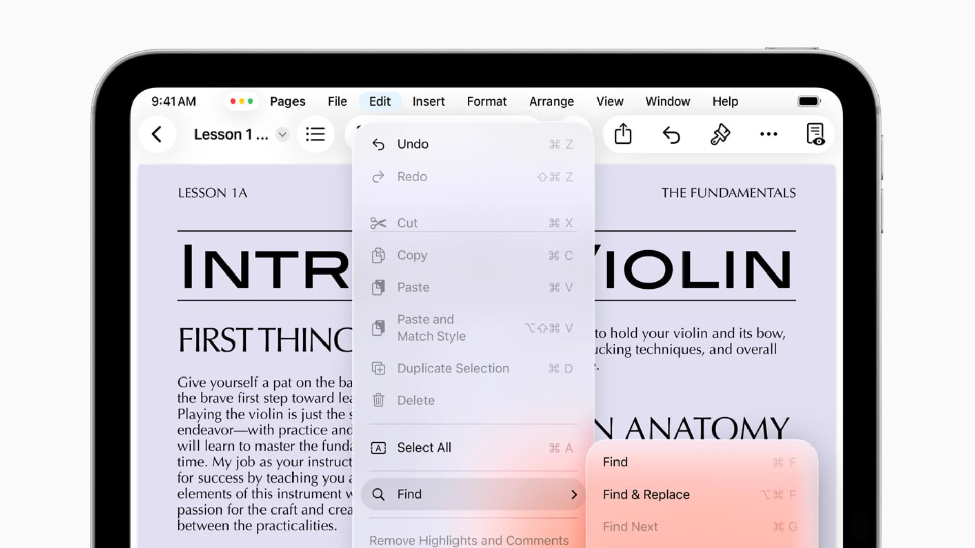 Thanh Menu mới trên iPadOS 26 hiển thị các tùy chọn điều khiển ứng dụng Pages, giúp truy cập nhanh các chức năng.