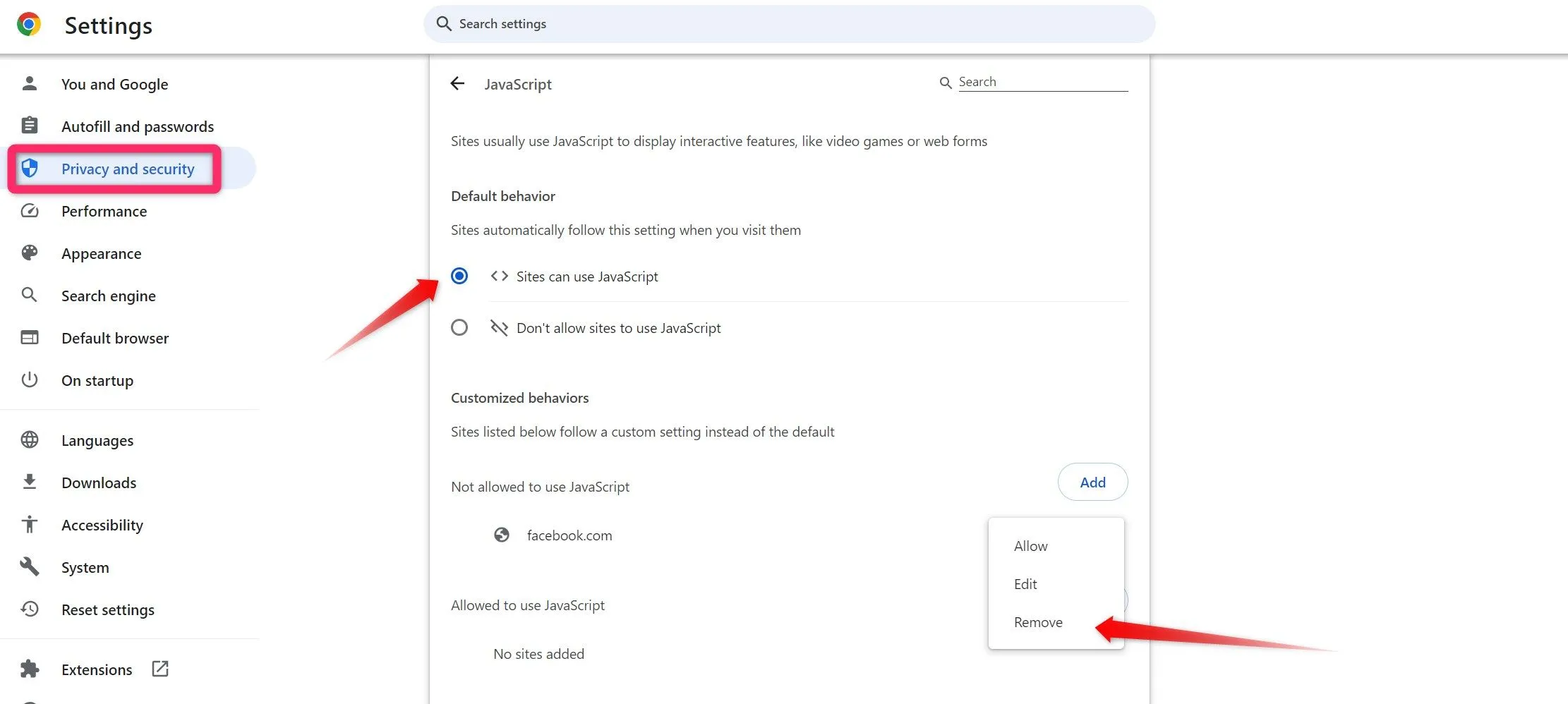 Thay đổi cài đặt JavaScript trong Chrome để cho phép các trang web sử dụng JavaScript