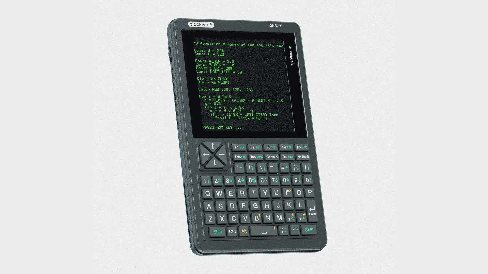 Thiết bị cầm tay ClockworkPi PicoCalc với thiết kế hoài cổ giống máy tính bỏ túi, bên trong tích hợp Raspberry Pi, đặt trên nền trắng.