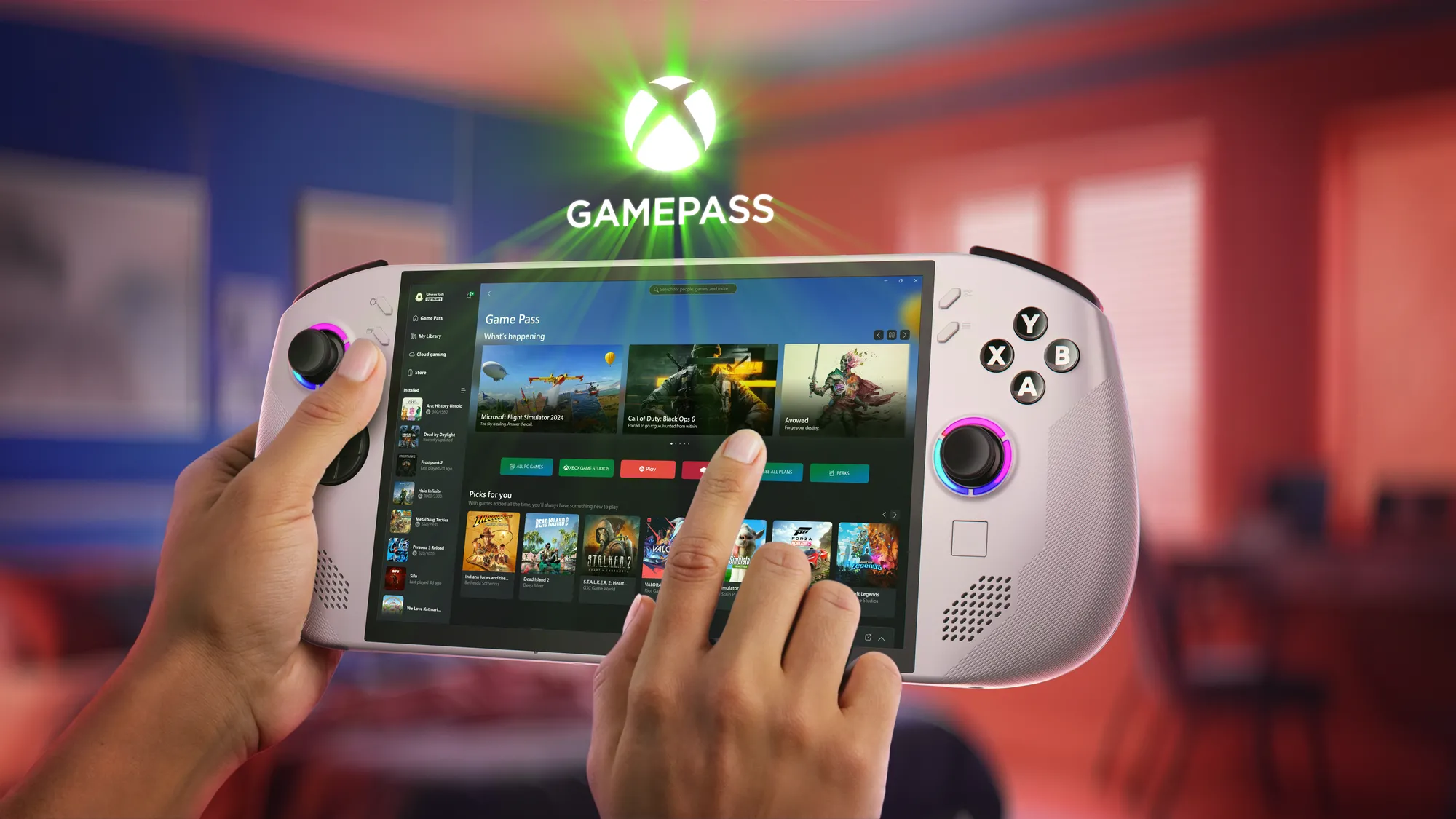 Thiết bị chơi game cầm tay Lenovo Legion Go S hiển thị giao diện Xbox Game Pass, minh họa dịch vụ đăng ký game giúp người chơi tiếp cận nhiều tựa game với chi phí tối ưu.