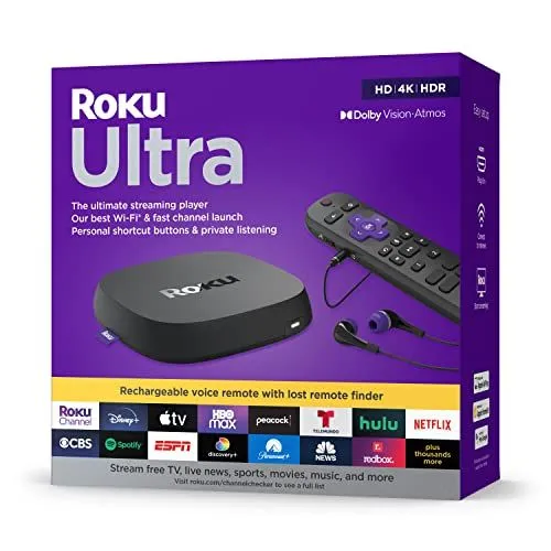 Thiết bị truyền phát Roku Ultra màu đen, nhỏ gọn, cung cấp trải nghiệm xem phim và giải trí 4K chất lượng cao với âm thanh Dolby Atmos.