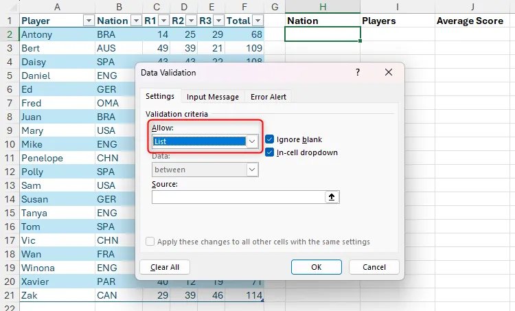Thiết lập Data Validation để chọn kiểu danh sách thả xuống trong Excel.