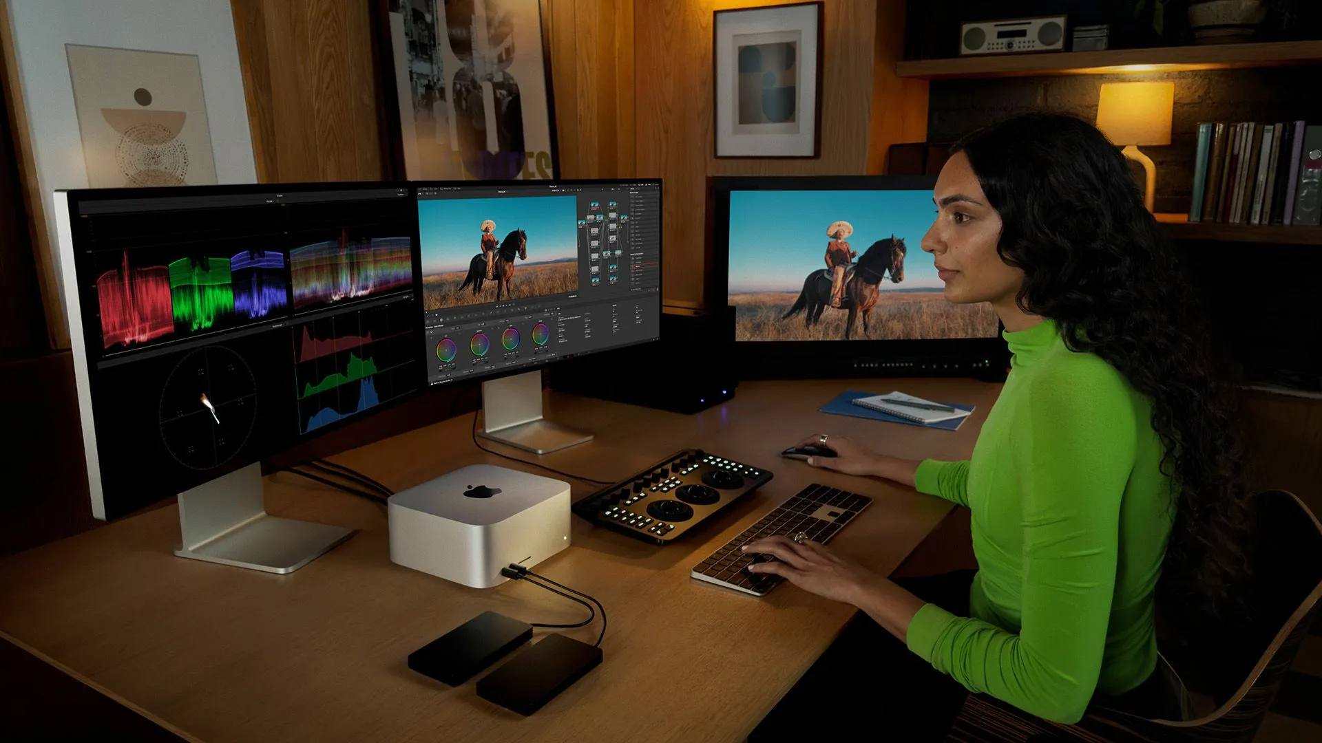 Thiết lập máy tính Apple Mac Studio và màn hình Studio Display cao cấp trên bàn làm việc, thể hiện sức mạnh xử lý của chip M4 Max và M3 Ultra mới.
