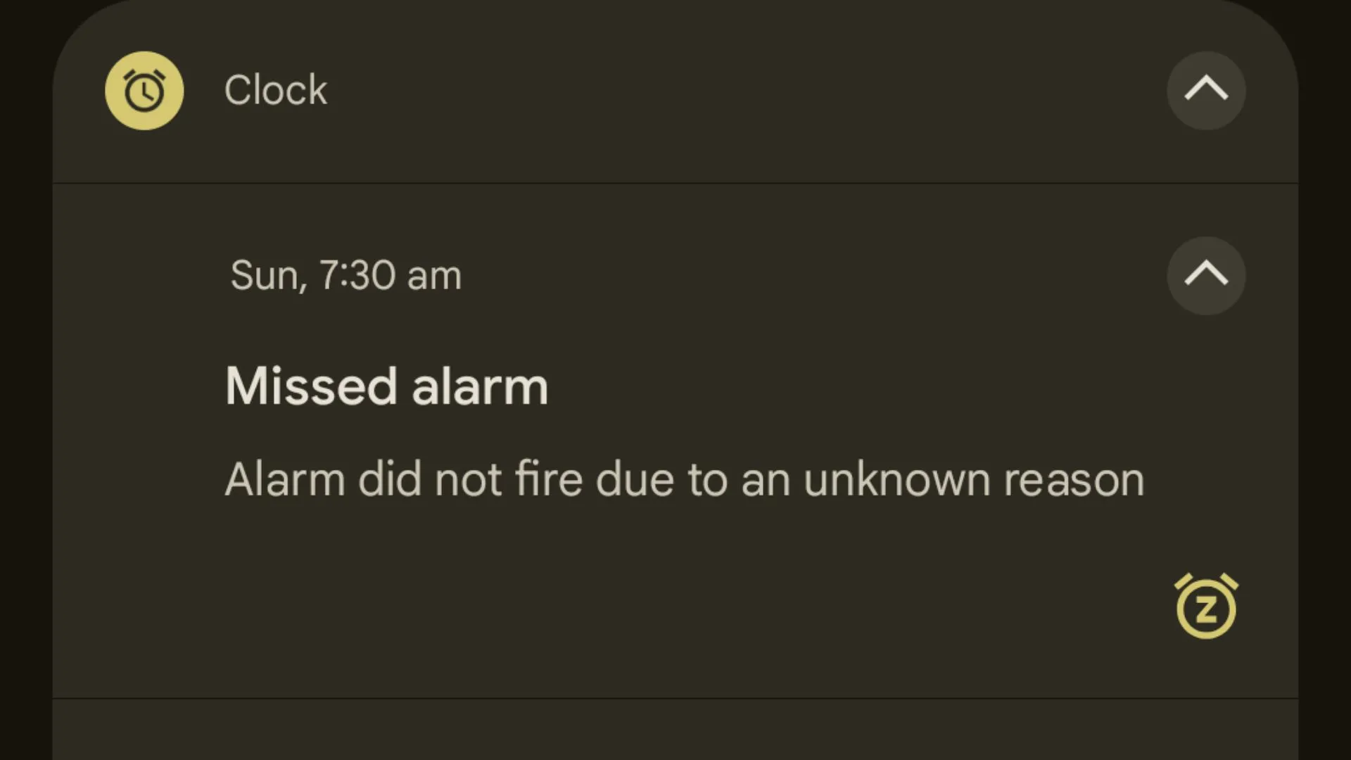 Thông báo lỗi báo thức 'Alarm did not fire due to an unknown reason' trên điện thoại Google Pixel, minh họa sự cố người dùng đang gặp phải.