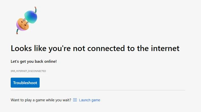Thông báo lỗi 'Không có kết nối Internet' trên trình duyệt Microsoft Edge, kèm theo tùy chọn 'Khởi động trò chơi' để bắt đầu Edge Surf khi bạn ngoại tuyến.