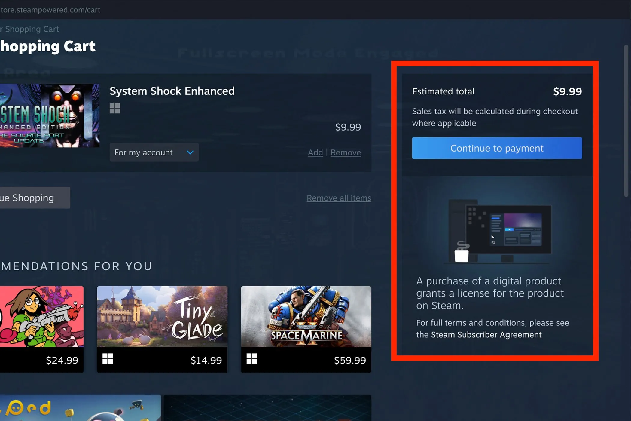 Thông báo quyền sở hữu giấy phép game trên trang thanh toán Steam, nhấn mạnh người dùng mua bản quyền sử dụng chứ không phải sở hữu vĩnh viễn