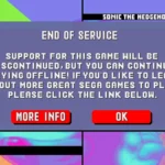 Thông báo trên game Sonic CD Classic từ SEGA về việc ngừng hỗ trợ và khả năng chơi offline