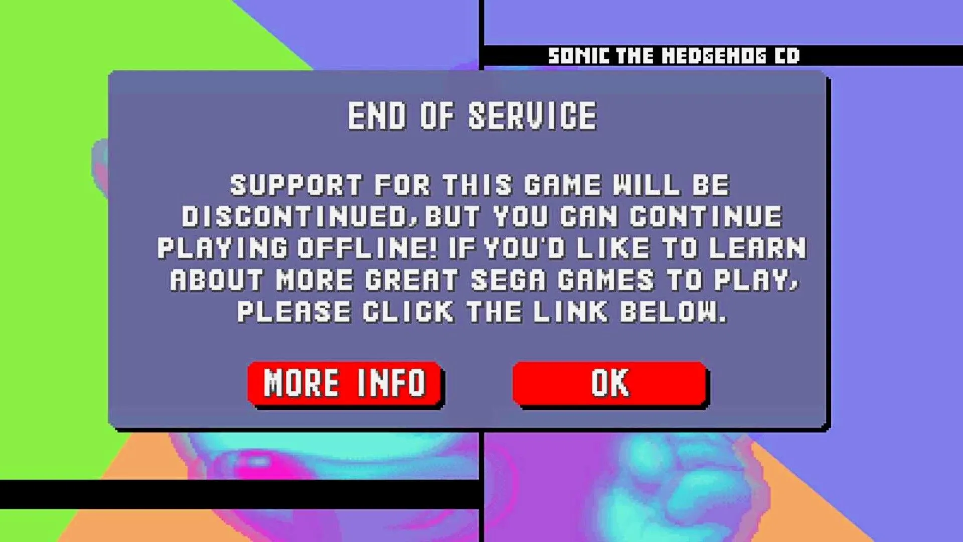 Thông báo trên game Sonic CD Classic từ SEGA về việc ngừng hỗ trợ và khả năng chơi offline