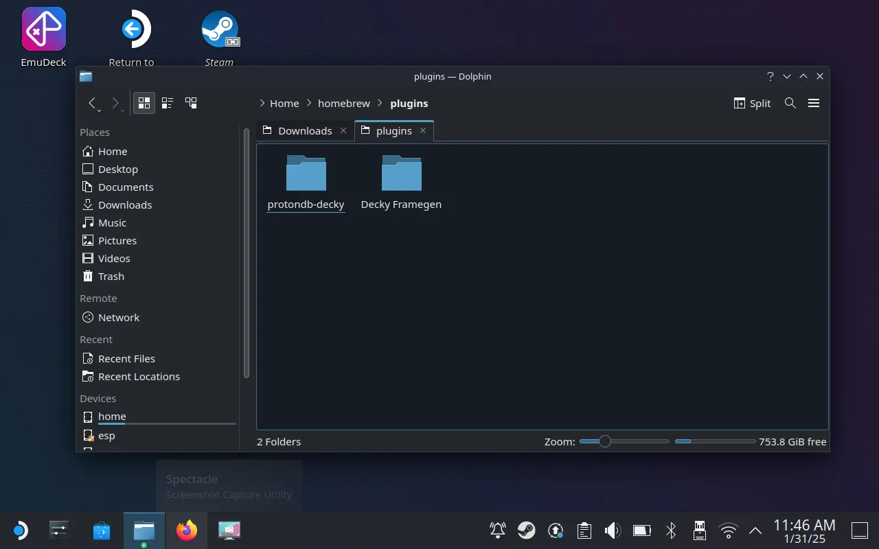 Thư mục 'Decky Framegen' nằm trong đường dẫn 'Home &gt; homebrew &gt; plugins' trên Steam Deck, xác nhận quá trình giải nén và cài đặt bản mod đã hoàn tất.