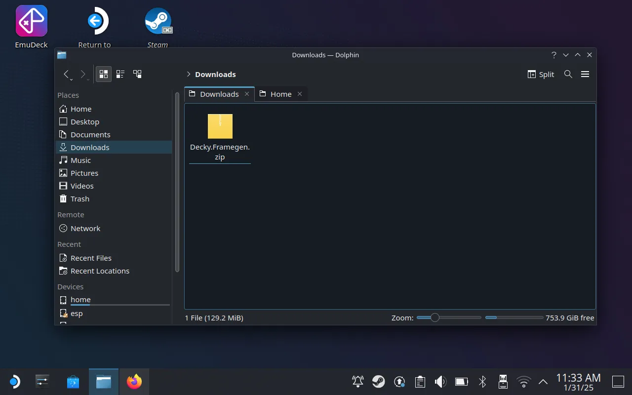 Thư mục Tải xuống (Downloads) trên Steam Deck hiển thị tệp tin cài đặt Decky-Framegen đã được tải về, sẵn sàng cho quá trình cài đặt mod tạo khung hình FSR3.