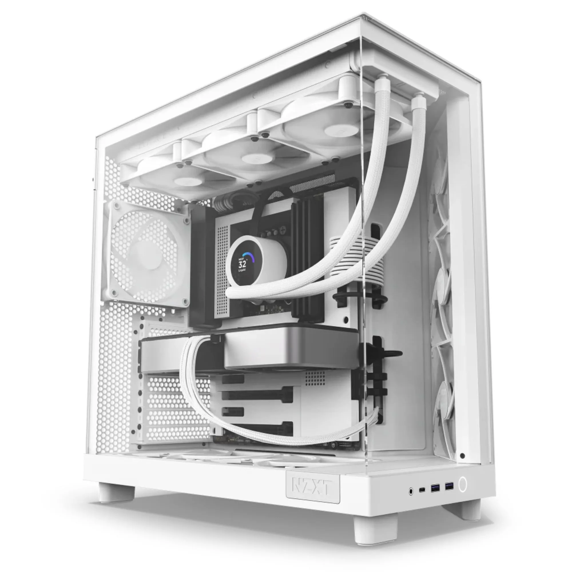 Thùng máy tính NZXT H6 Flow với kính cường lực trong suốt ở mặt trước và cạnh bên, thiết kế buồng đôi tối ưu cho việc đi dây và luồng khí, thể hiện một lựa chọn thùng máy hiện đại cho việc nâng cấp linh kiện trong tương lai.