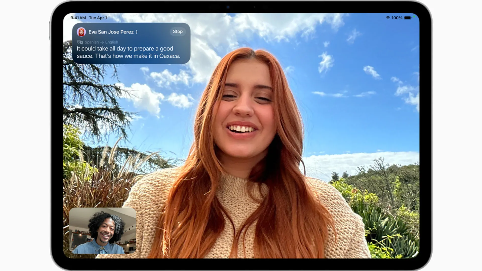 Tính năng Dịch Trực Tiếp của iPadOS 26 trên FaceTime, hiển thị phụ đề dịch thuật thời gian thực trong cuộc gọi video.
