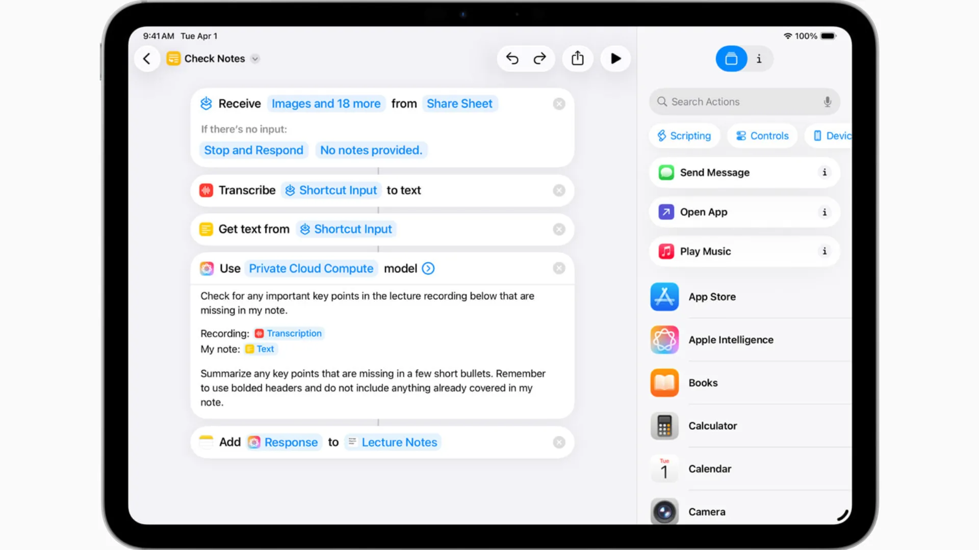 Tính năng Phím tắt hỗ trợ AI trên iPadOS 26, minh họa khả năng tạo văn bản tóm tắt hoặc hình ảnh bằng Apple Intelligence.