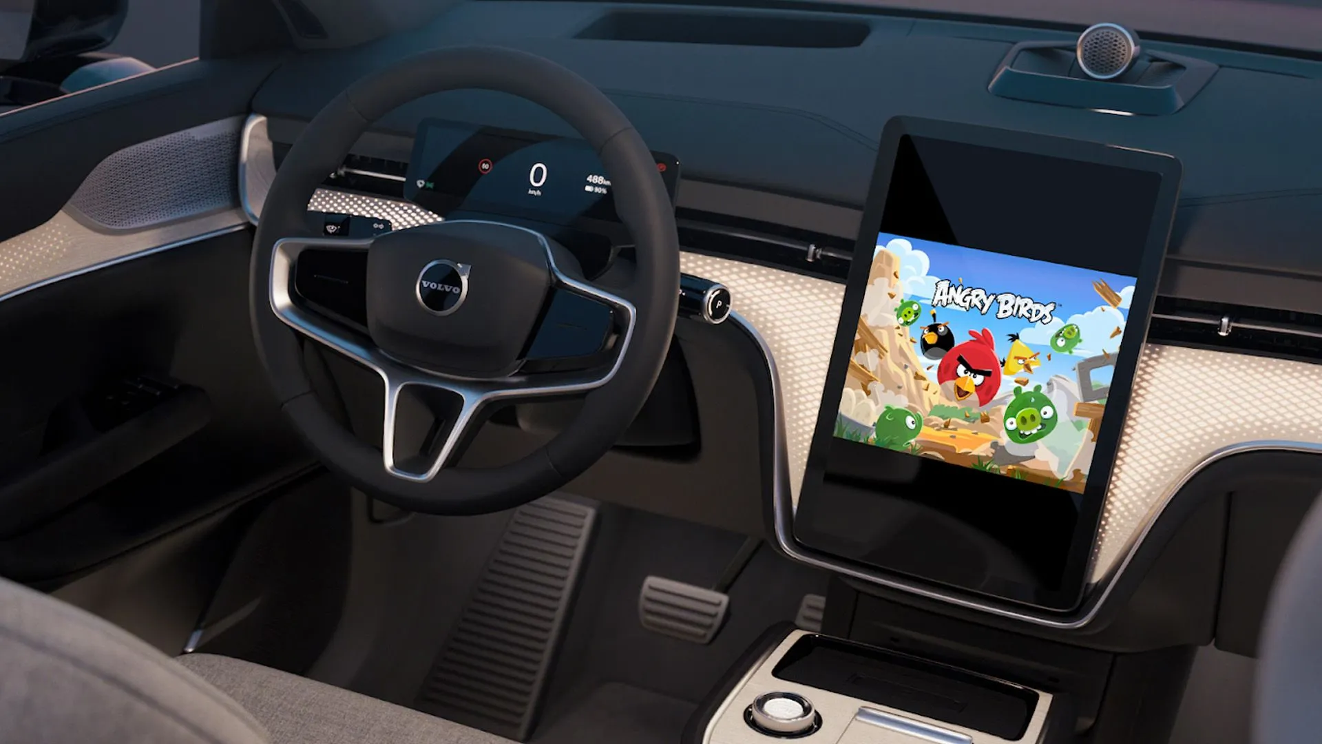 Trải nghiệm chơi game Angry Birds trên màn hình Android Automotive của xe hơi, minh họa khả năng giải trí nâng cao.