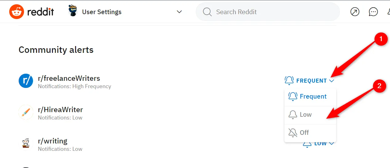 Trang quản lý thông báo cộng đồng Reddit trên máy tính, hiển thị tùy chọn tần suất thông báo (Tắt, Thấp, Thường xuyên).