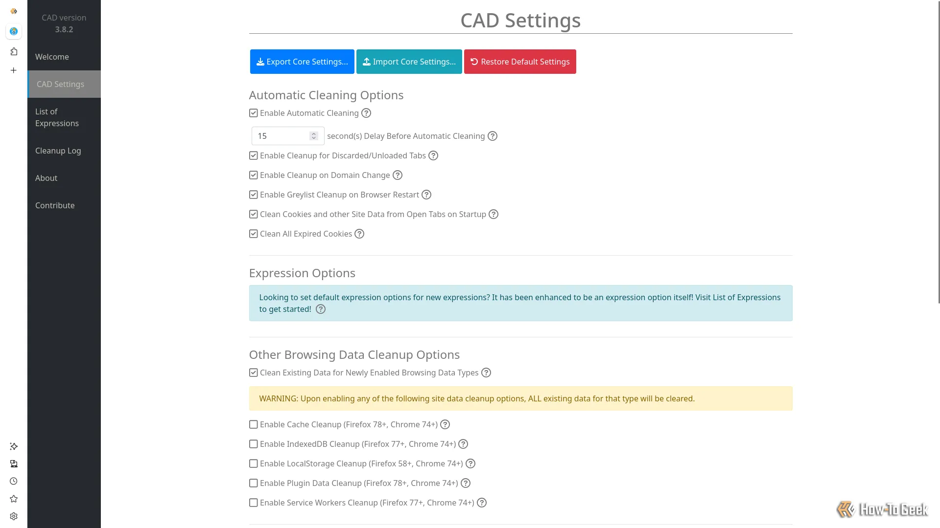 Trang tùy chọn cài đặt của tiện ích Cookie AutoDelete, cho phép người dùng tùy chỉnh các tính năng xóa cookie tự động và quản lý danh sách trắng.